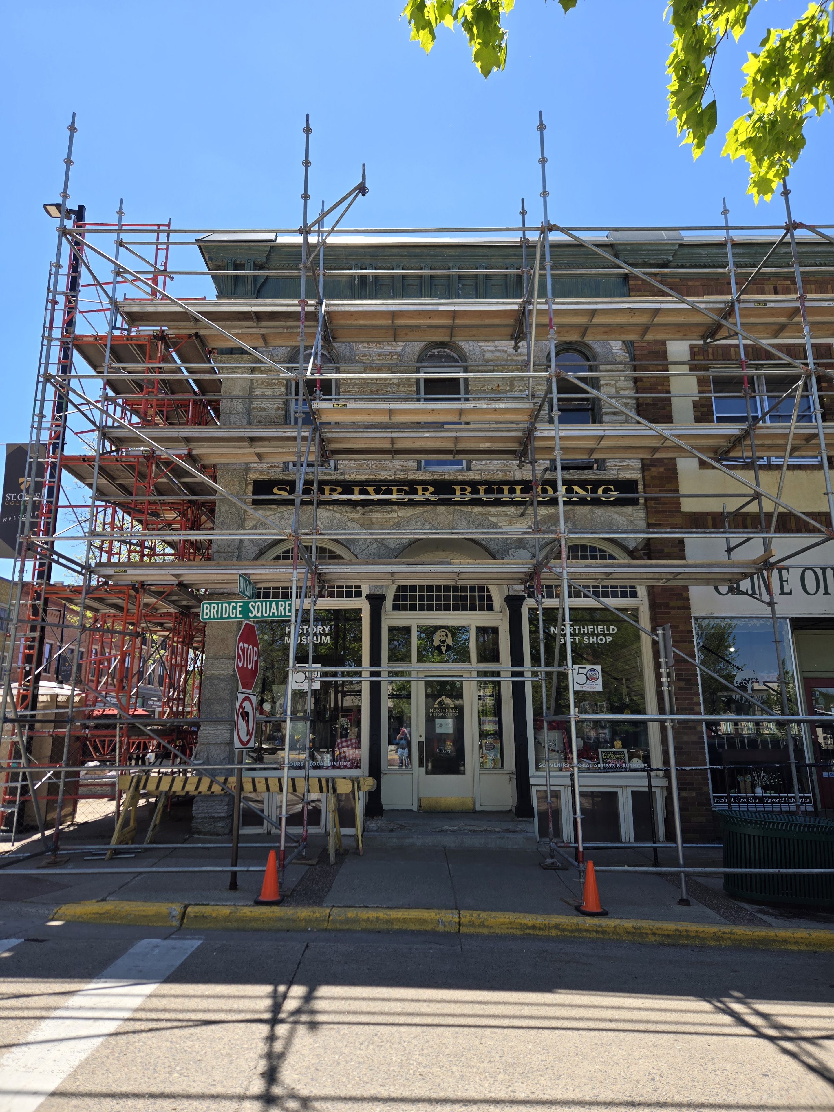 Historic downtown building scaffolding facade restoration
