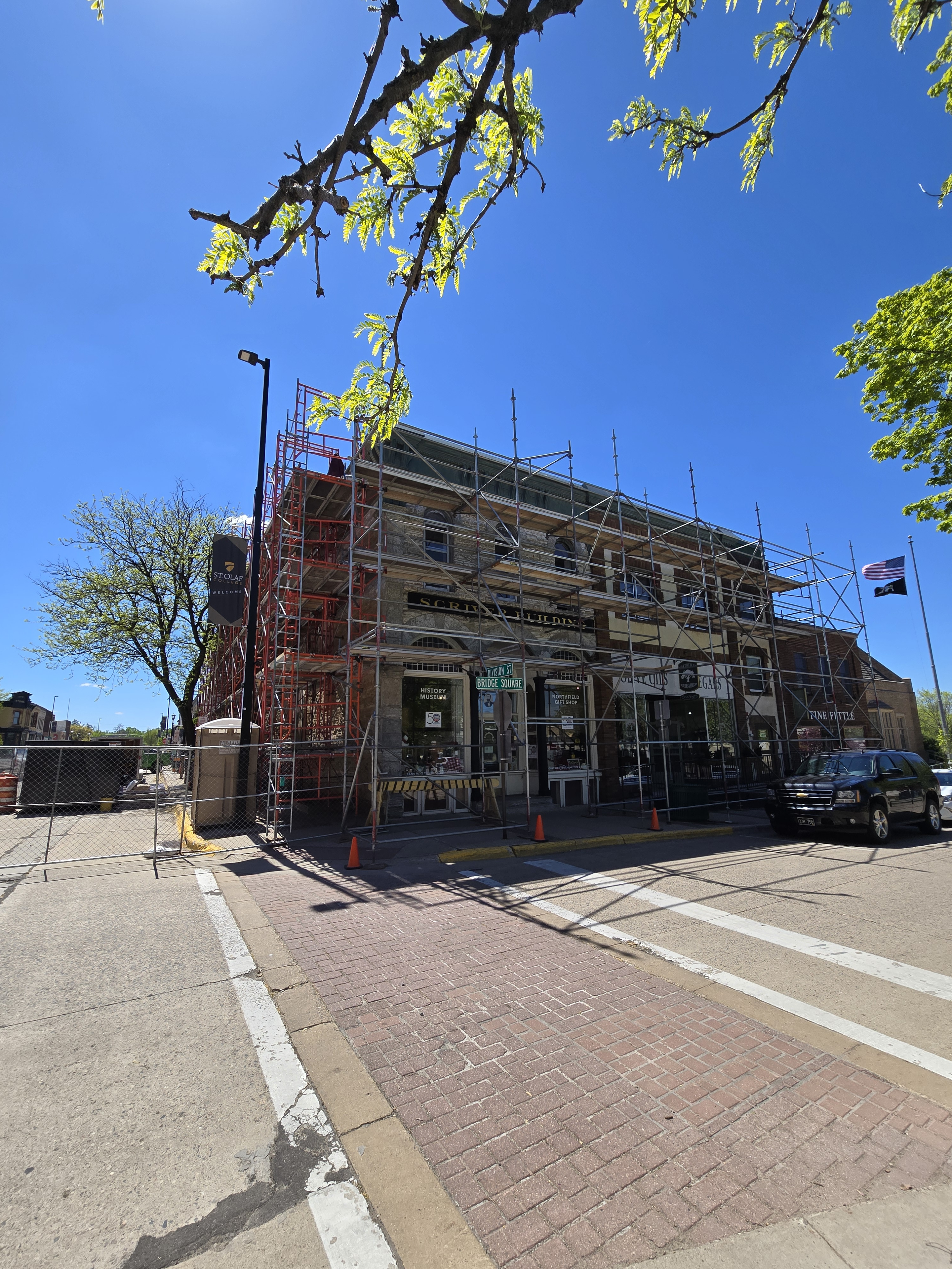 Scaffold system on historic building exterior urban street