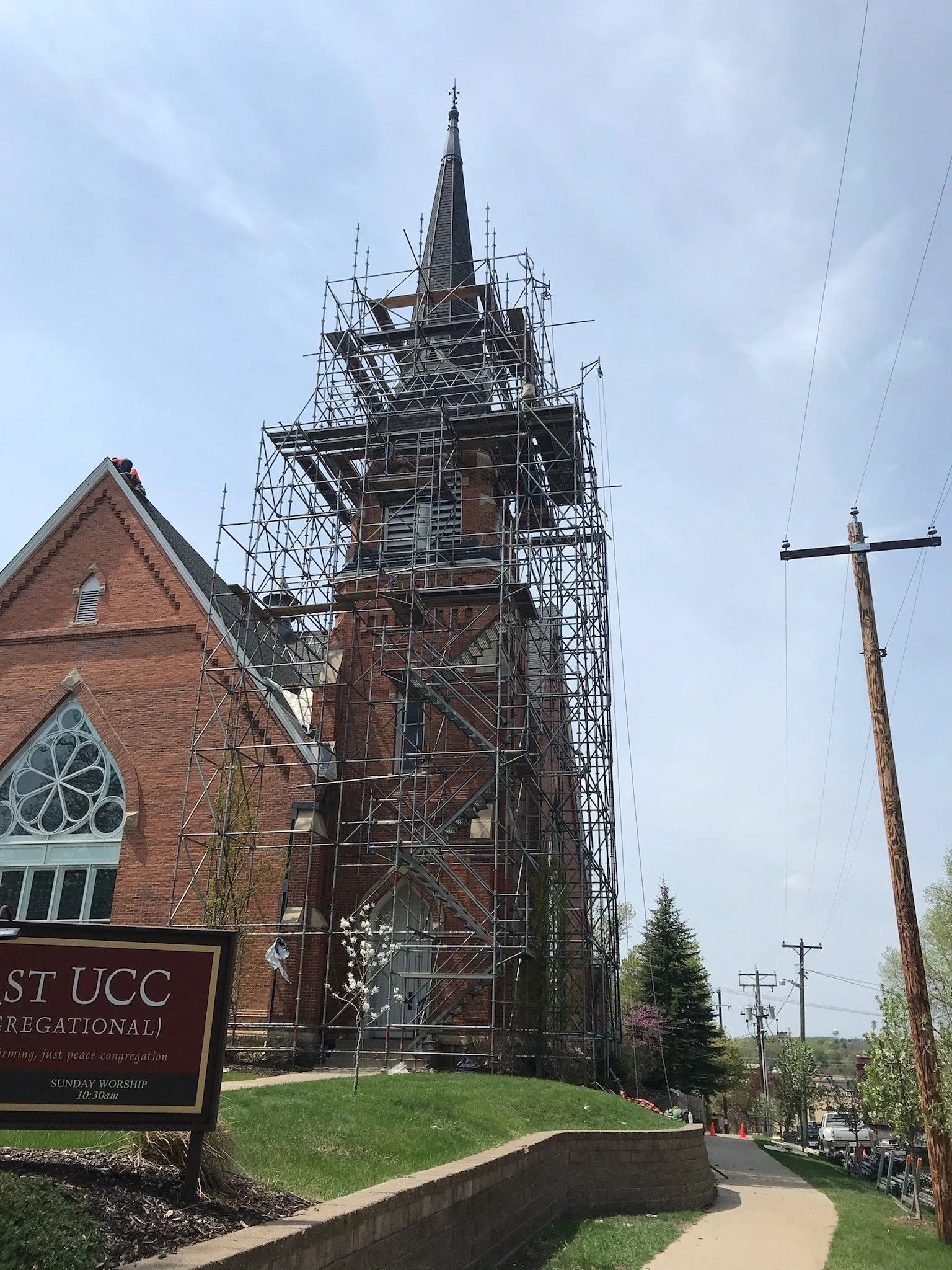 System Scaffolding Installation around a church steeple in Northfield, MN