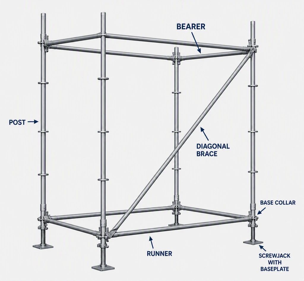 A diagram of a basic system scaffold setup with the individual parts labeled