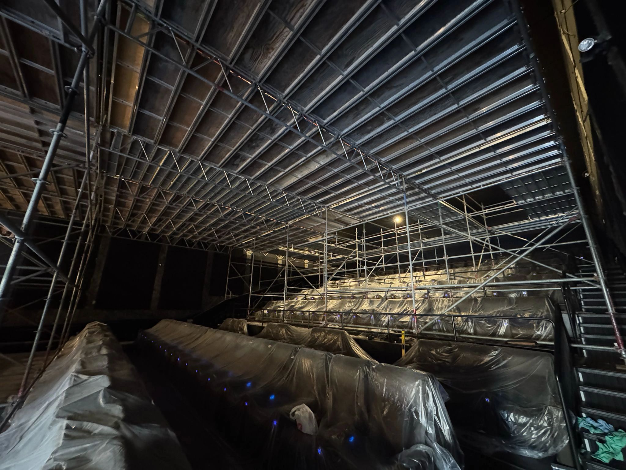 System scaffolding built around theater seating at Emagine Theaters in Plymouth, MN